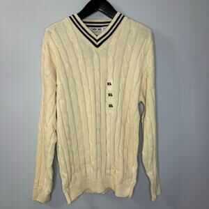 Cherokee Vintage Tennis V-Neck Cable Knit Sweater Cream Cotton Men's XL New